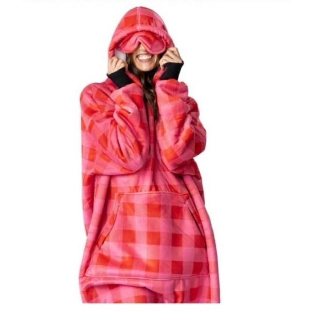 Big Blanket Co Wearable Blanket Hoodie Pink Red Buffalo Plaid Oversized NWT